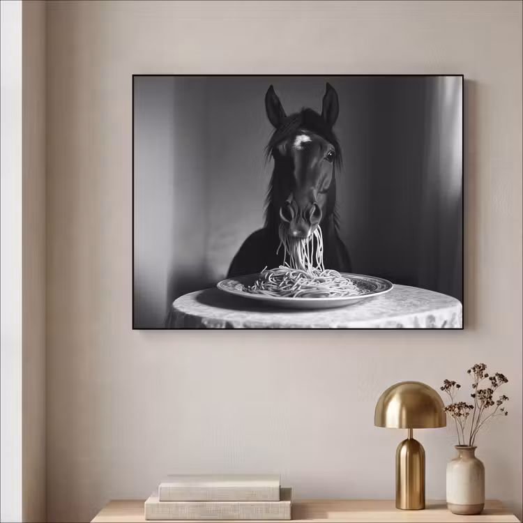 Paard - Bord - Pasta - Tafelkleed - Zwart Wit - Dieren Textielframe - compleet frame klein -sfeer2