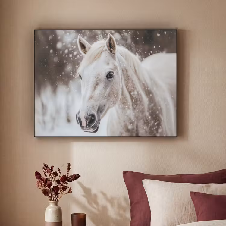 Paard - Wit - Winter - Natuur - Sneeuw - Dieren Textielframe - compleet frame klein -sfeer1