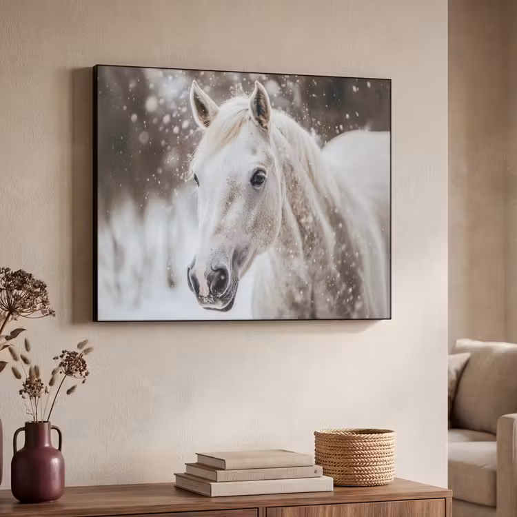 Paard - Wit - Winter - Natuur - Sneeuw - Dieren Textielframe zwart klein -sfeer3