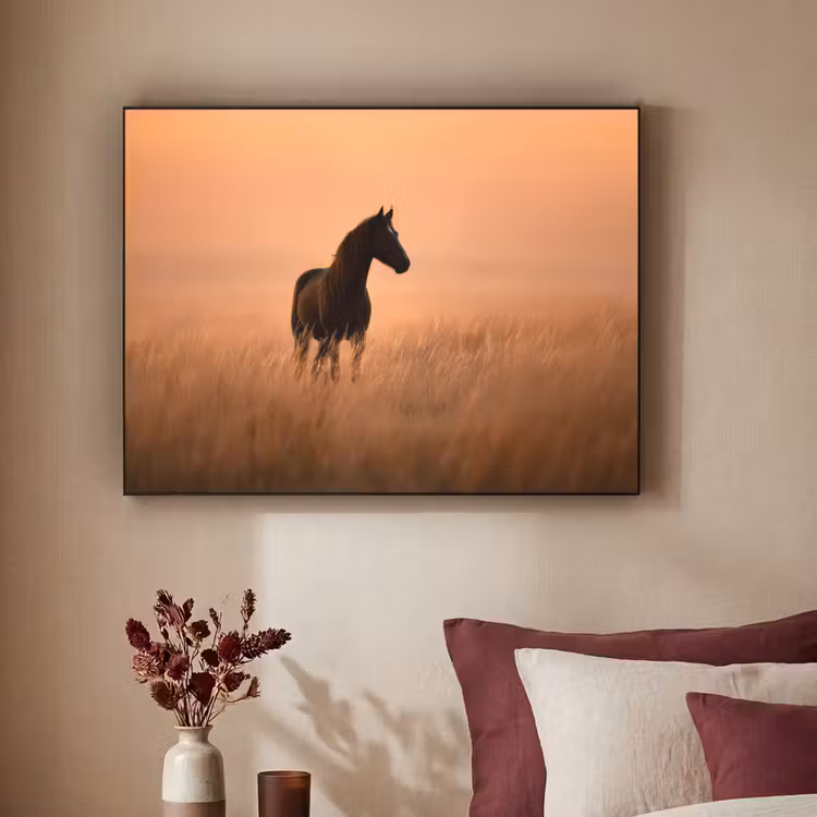 Paard - Grasveld - Zonsondergang Textielframe zwart klein -sfeer1