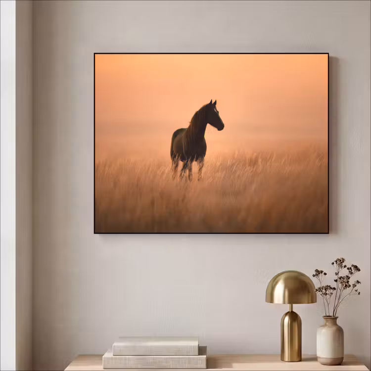 Paard - Grasveld - Zonsondergang Textielframe zwart klein -sfeer2