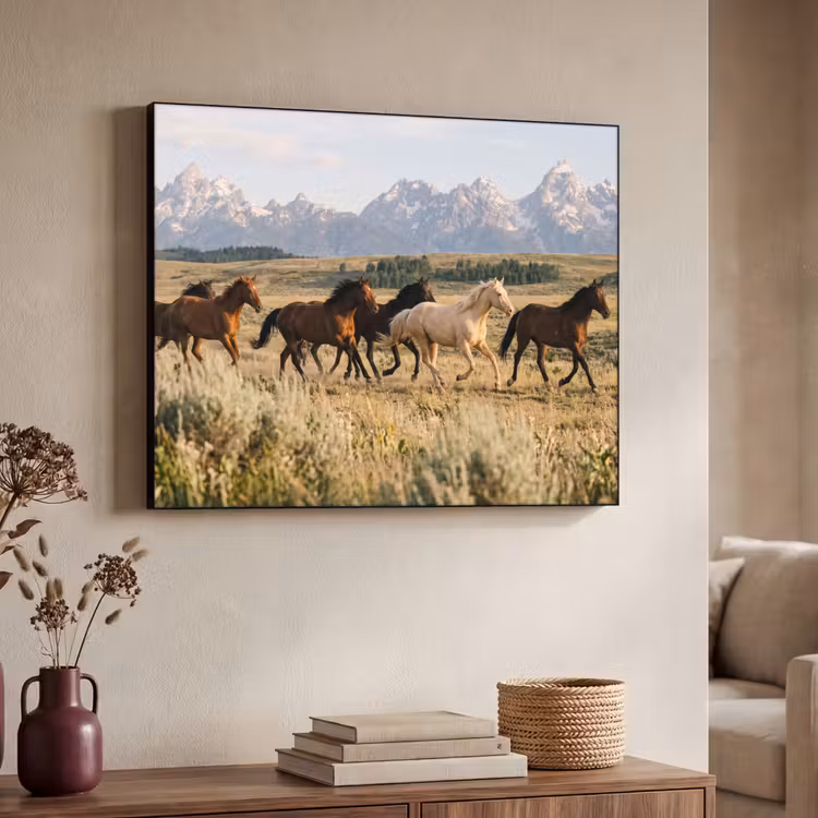 Paarden - Kudde - Bergen - Vrijheid - Wild Textielframe zwart klein -sfeer3