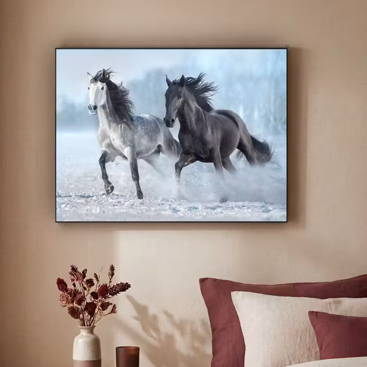 Paarden - Winter - Dieren - Natuur - Sneeuw Textielframe zwart klein -sfeer1