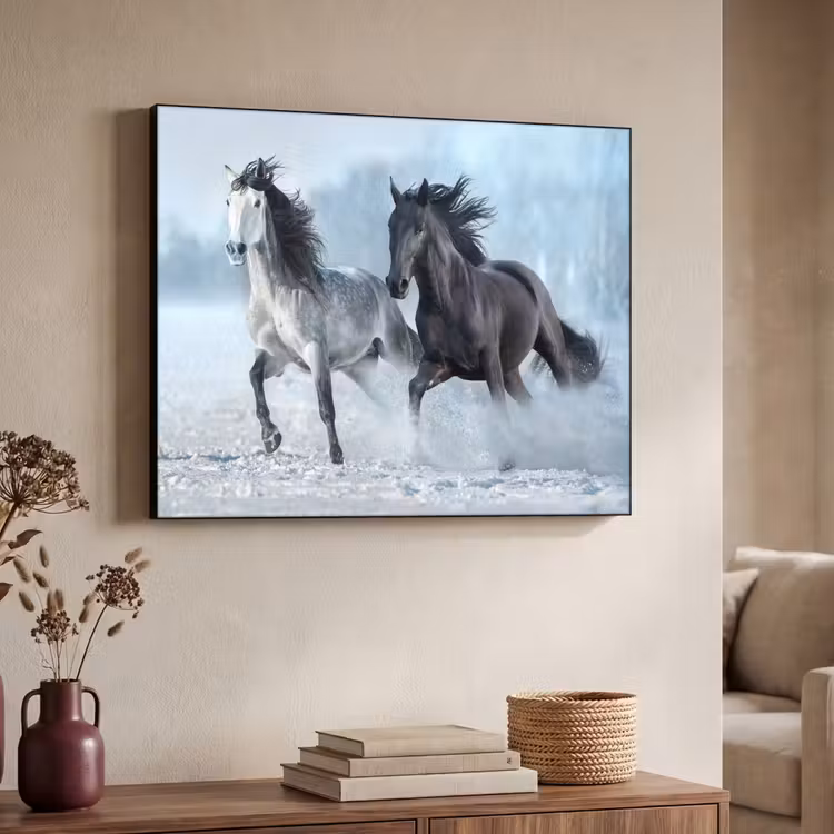 Paarden - Winter - Dieren - Natuur - Sneeuw Textielframe - compleet frame klein -sfeer3