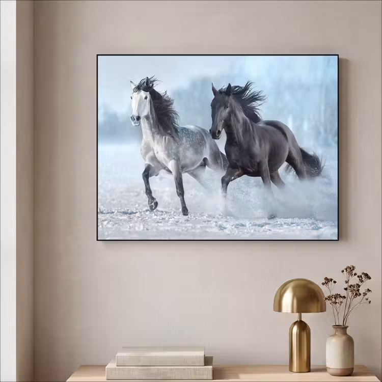 Paarden - Winter - Dieren - Natuur - Sneeuw Textielframe - compleet frame klein -sfeer2