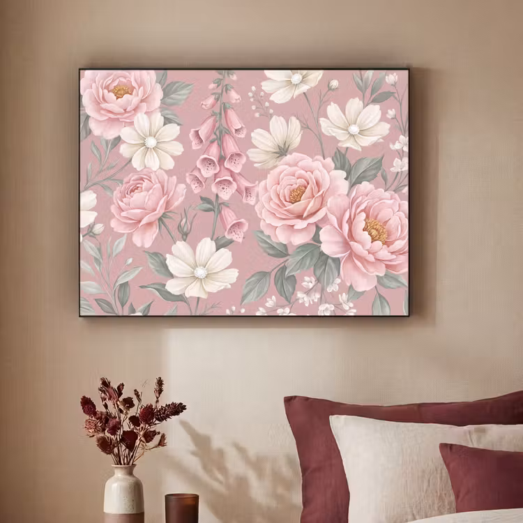 Pioenrozen - Vingerhoedskruid - Pink Textielframe zwart klein -sfeer1