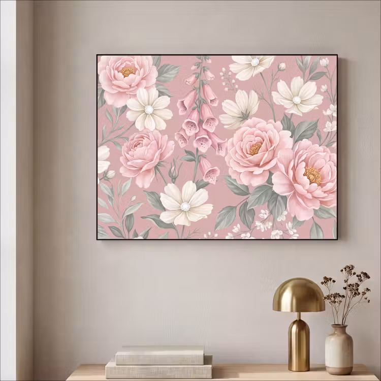 Pioenrozen - Vingerhoedskruid - Pink Textielframe zwart klein -sfeer2