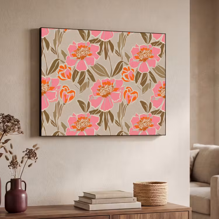 Pioenrozen - Patroon - Roze Textielframe zwart klein 947 -sfeer3