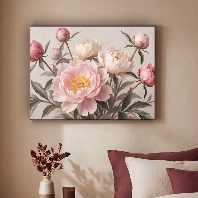 Pioenrozen - Boeket - Roze Textielframe zwart klein -sfeer1