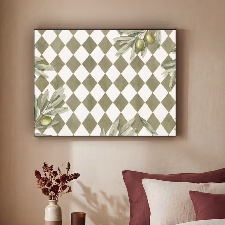 Plant - Olijftakken - Waterverf - Mediterraan - Groen Textielframe zwart klein -sfeer1