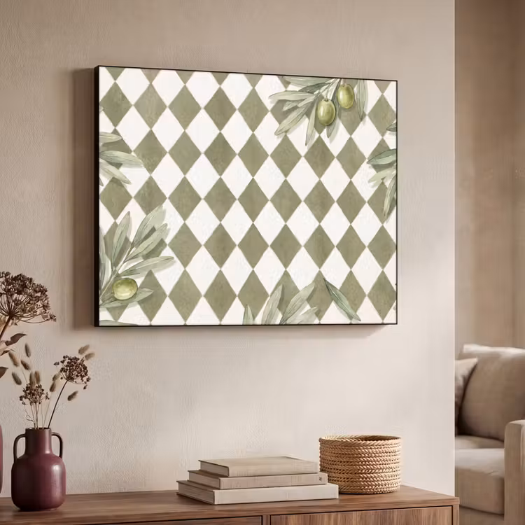 Plant - Olijftakken - Waterverf - Mediterraan - Groen Textielframe zwart klein -sfeer3