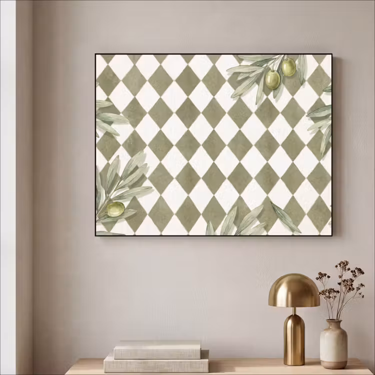 Plant - Olijftakken - Waterverf - Mediterraan - Groen Textielframe zwart klein -sfeer2