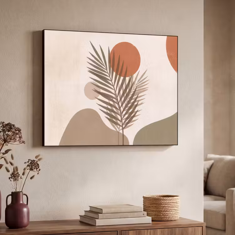 Planten - Bladeren - Abstract - Modern - Beige Textielframe zwart klein -sfeer3