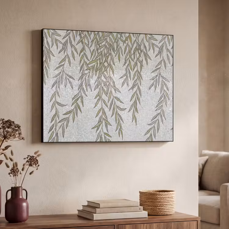 Planten - Mozaïek - Patroon - Groen - Blauw Textielframe zwart klein -sfeer3