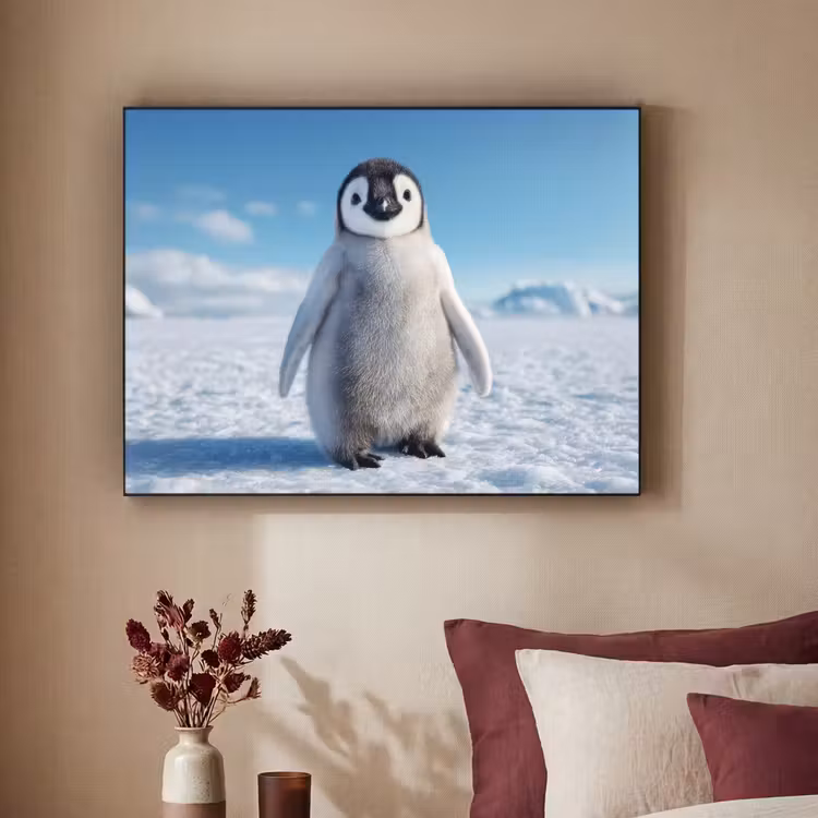 Pinguïn - Sneeuw - Landschap - Wit Textielframe zwart klein -sfeer1
