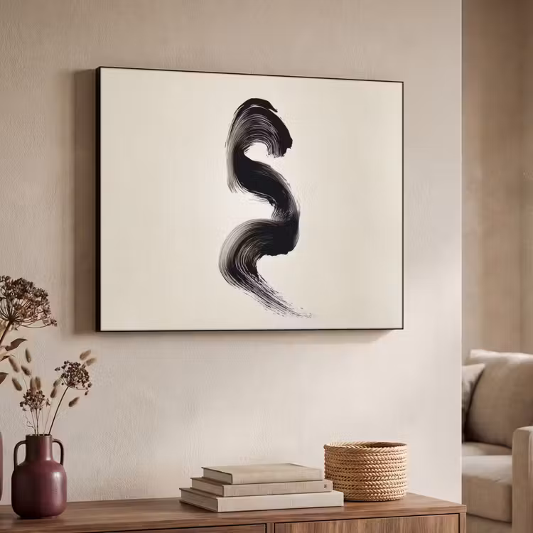 Penseelstreek - Zwart - Minimalistisch Textielframe - compleet frame klein -sfeer3