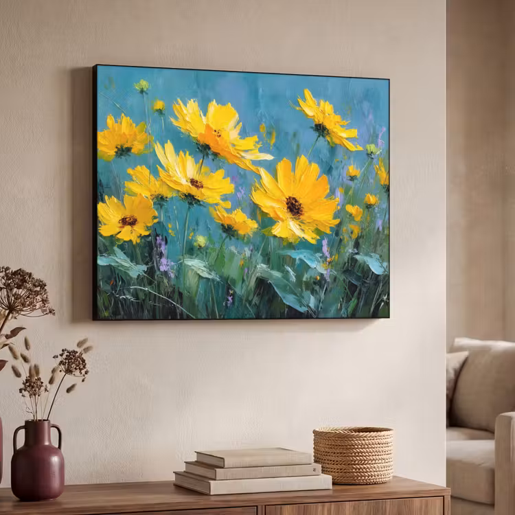 Penseelstreken - Bloemen - Felgeel - Abstract Textielframe - compleet frame klein -sfeer3