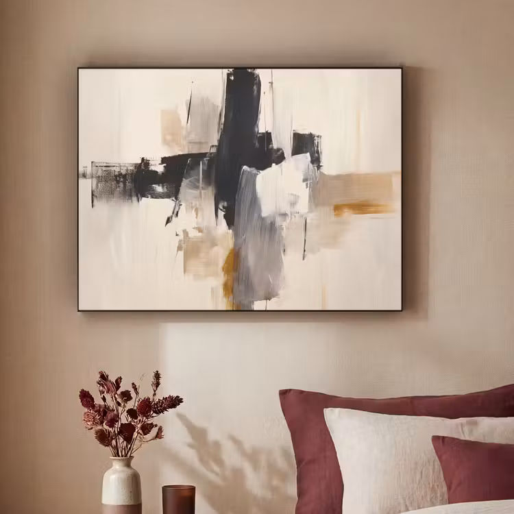 Penseelstreken - Ruw - Abstract - Beige Textielframe - compleet frame klein -sfeer1