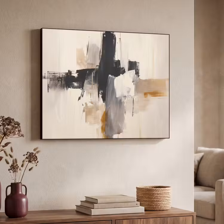 Penseelstreken - Ruw - Abstract - Beige Textielframe - compleet frame klein -sfeer3