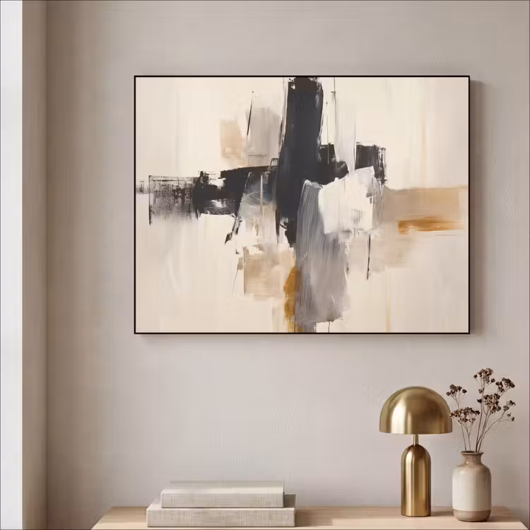 Penseelstreken - Ruw - Abstract - Beige Textielframe zwart klein -sfeer2