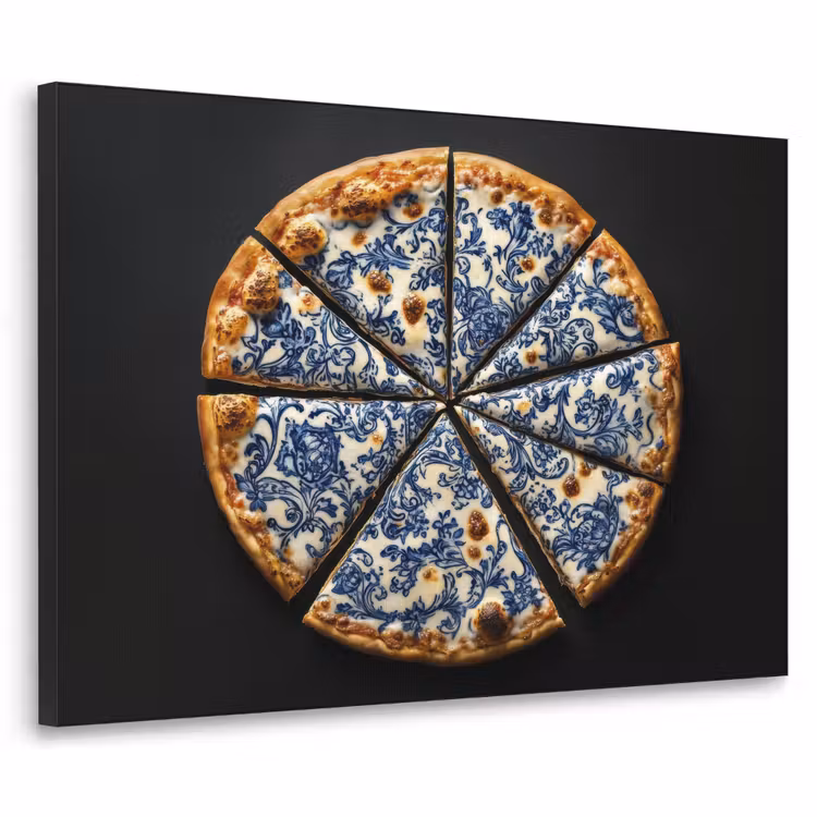 Pizza - Eten - Delftsblauw Textielframe zwart klein -3d