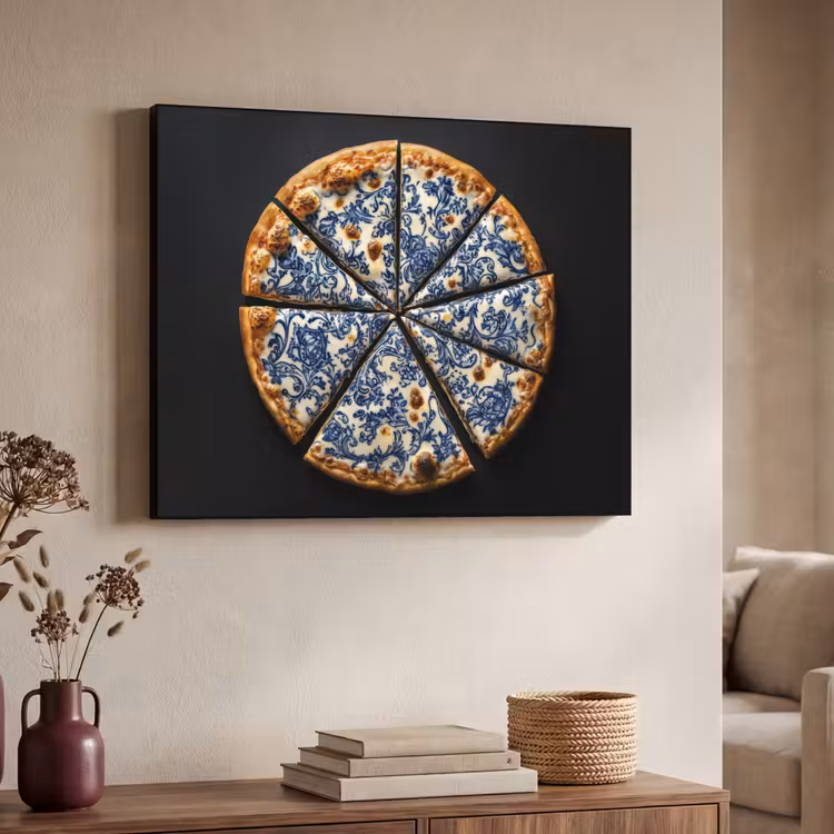 Pizza - Eten - Delftsblauw Textielframe zwart klein -sfeer3