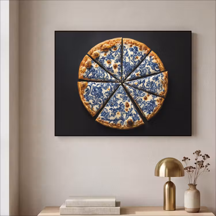 Pizza - Eten - Delftsblauw Textielframe zwart klein -sfeer2
