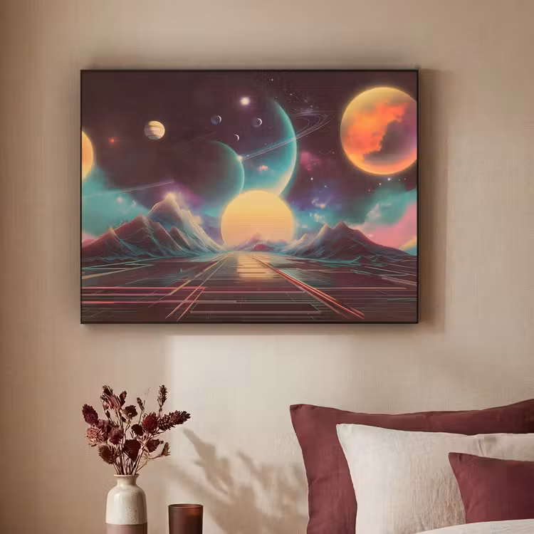 Planeten - Neon - Berglandschap - Zon Textielframe zwart klein -sfeer1