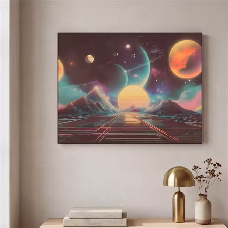 Planeten - Neon - Berglandschap - Zon Textielframe - compleet frame klein -sfeer2