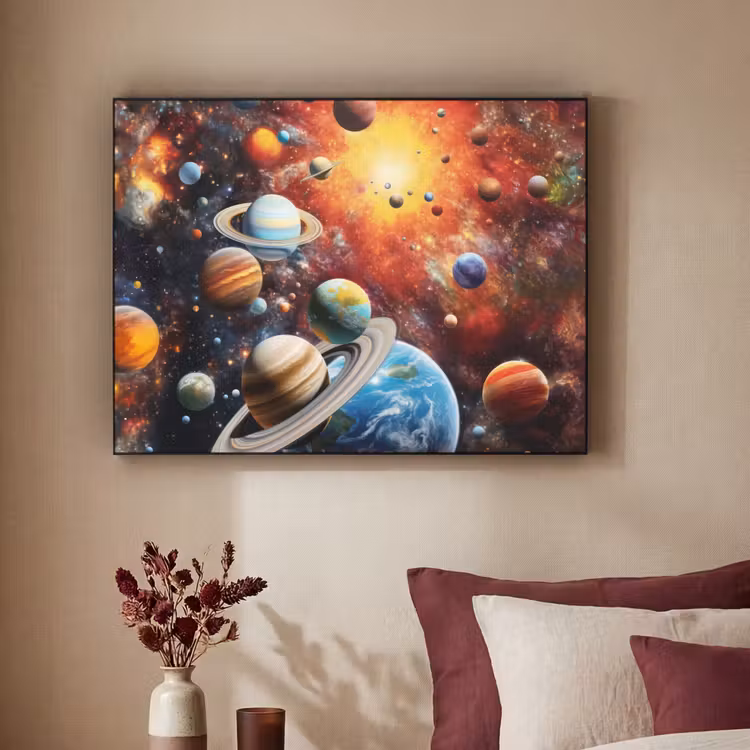 Planeten - Heelal - Neon - Ruimte Textielframe zwart klein -sfeer1
