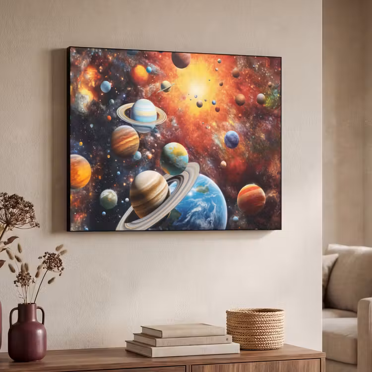 Planeten - Heelal - Neon - Ruimte Textielframe zwart klein -sfeer3