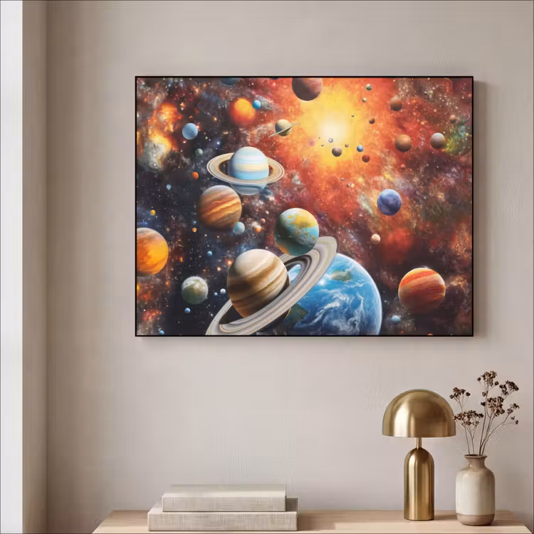 Planeten - Heelal - Neon - Ruimte Textielframe zwart klein -sfeer2