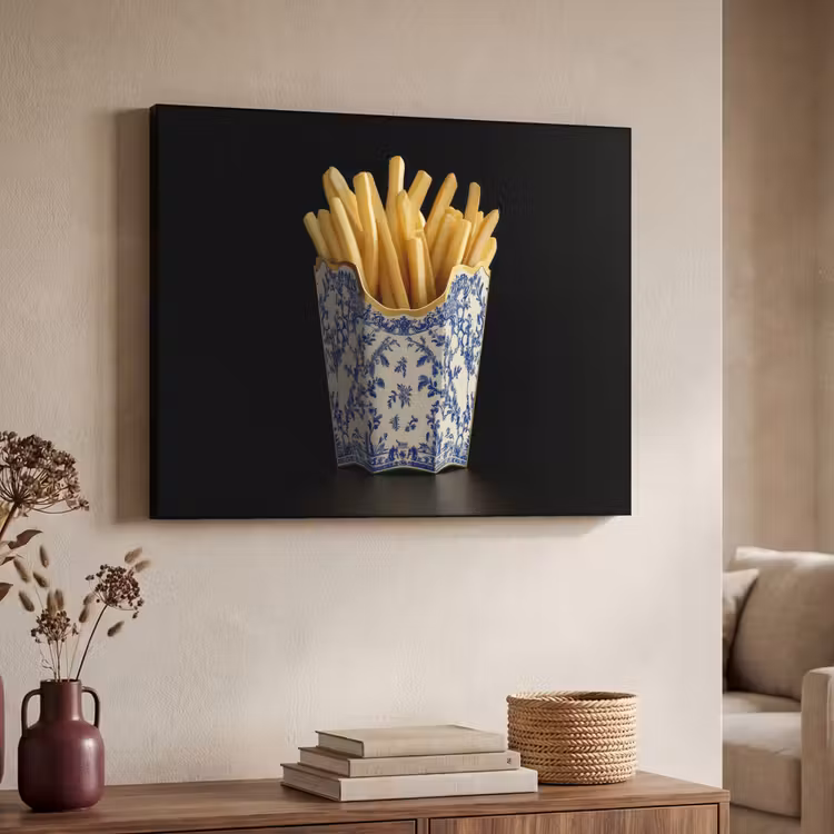 Friet - Porselein - Delfts blauw - Eten Textielframe - compleet frame klein -sfeer3