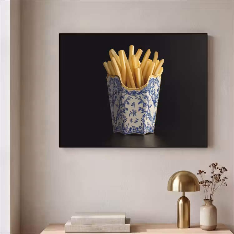Friet - Porselein - Delfts blauw - Eten Textielframe - compleet frame klein -sfeer2