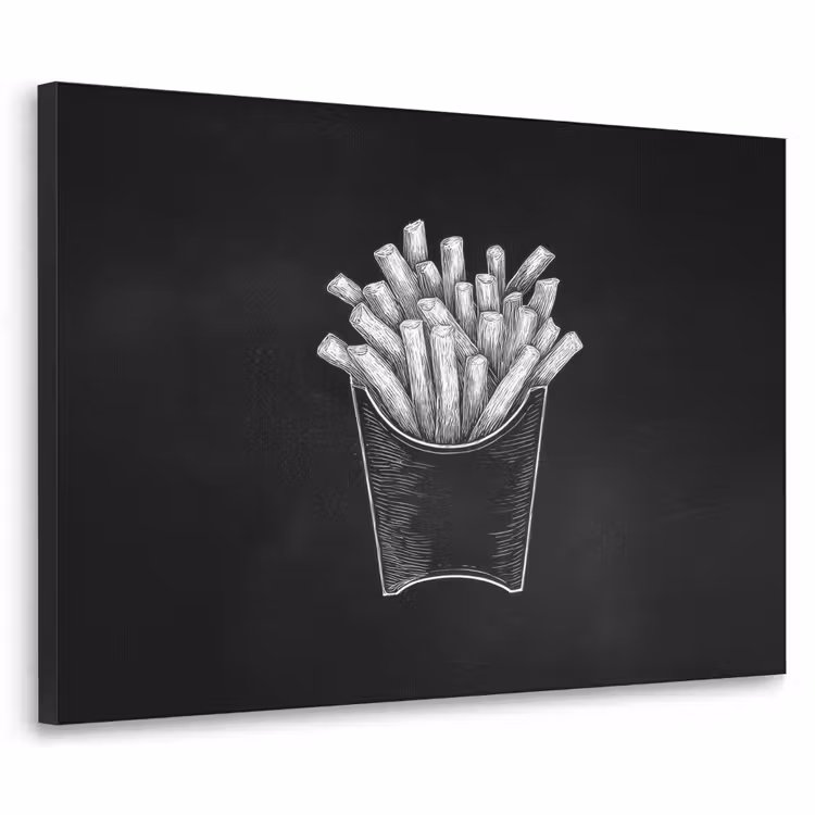 Friet - Witte krijttekening - Zwart Textielframe - compleet frame klein -3d