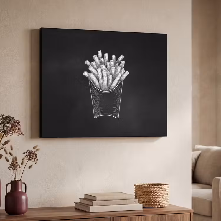 Friet - Witte krijttekening - Zwart Textielframe zwart klein -sfeer3