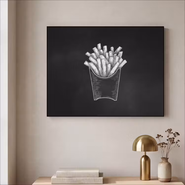 Friet - Witte krijttekening - Zwart Textielframe - compleet frame klein -sfeer2