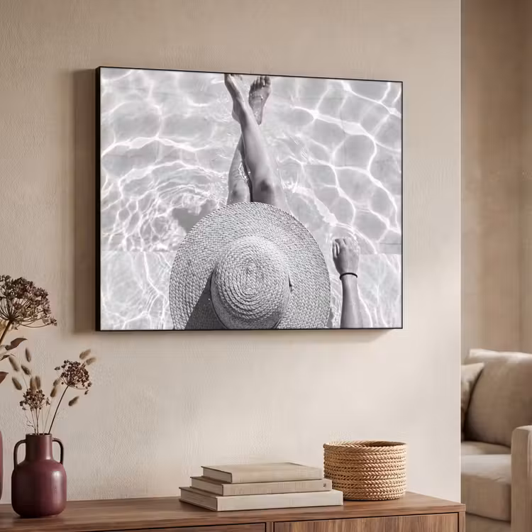 Zwembad - Hoed - Water - Zwart - Wit - Zomers Textielframe zwart klein -sfeer3