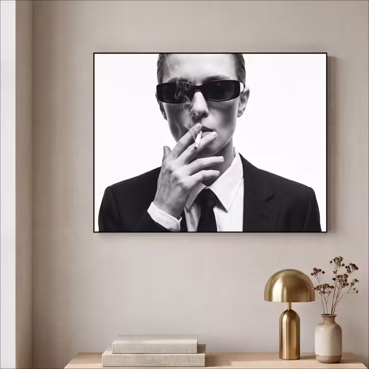 Portret - Pak - Roken - Zwart - Wit - Stoer Textielframe zwart klein -sfeer2