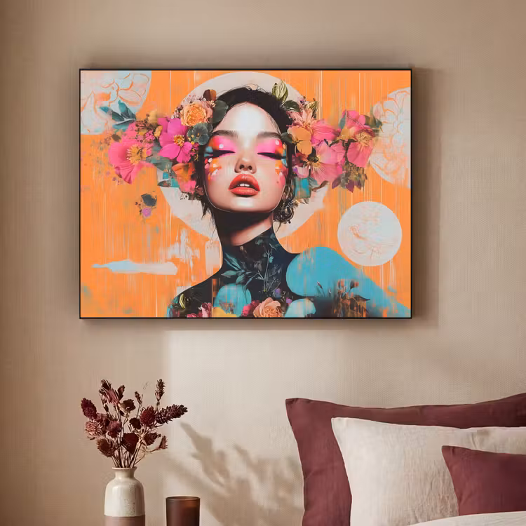Portret - Vrouw - Abstract - Bloemen Textielframe zwart klein -sfeer1
