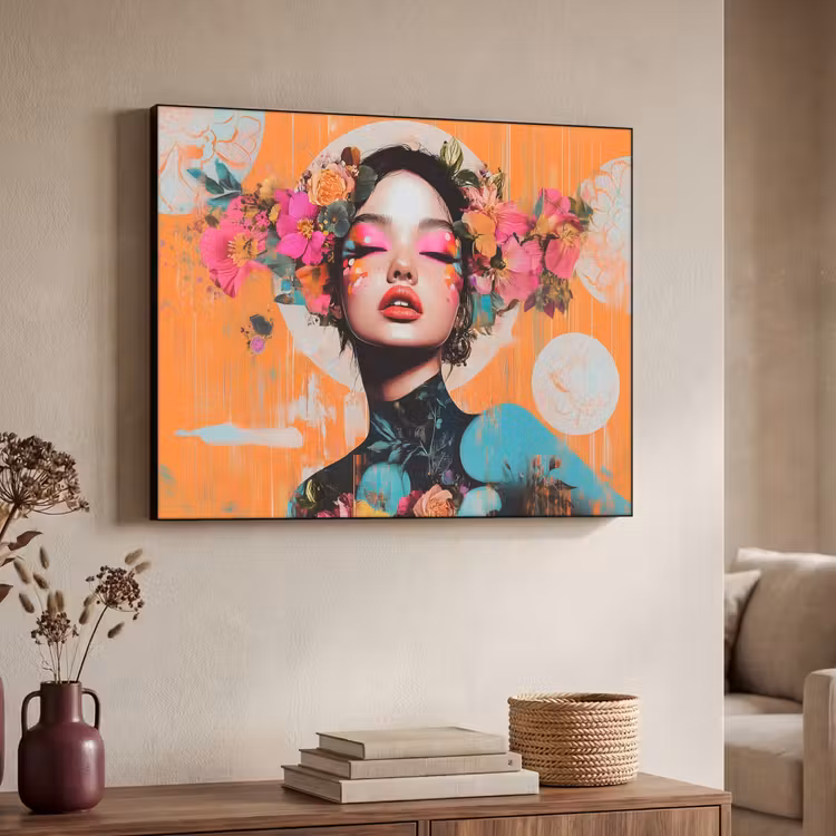 Portret - Vrouw - Abstract - Bloemen Textielframe - compleet frame klein -sfeer3