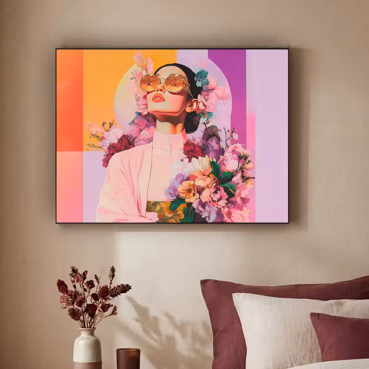 Portret - Vrouw - Abstract - Bloemen Textielframe zwart klein -sfeer1