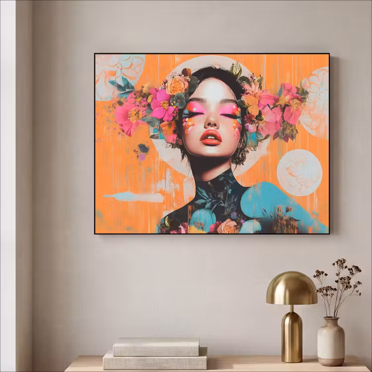 Portret - Vrouw - Abstract - Bloemen Textielframe zwart klein -sfeer2