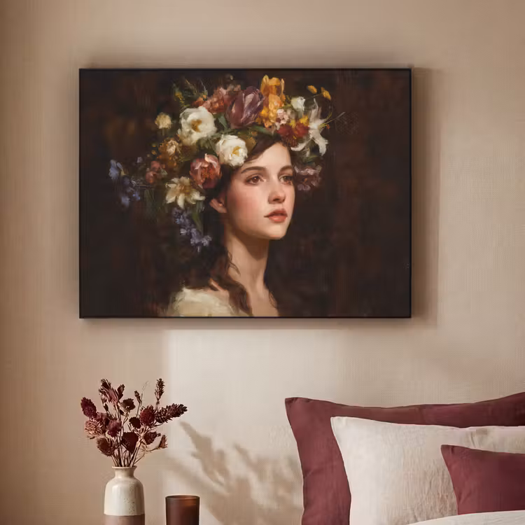 Portret - Vrouw - Bloemen Textielframe zwart klein -sfeer1