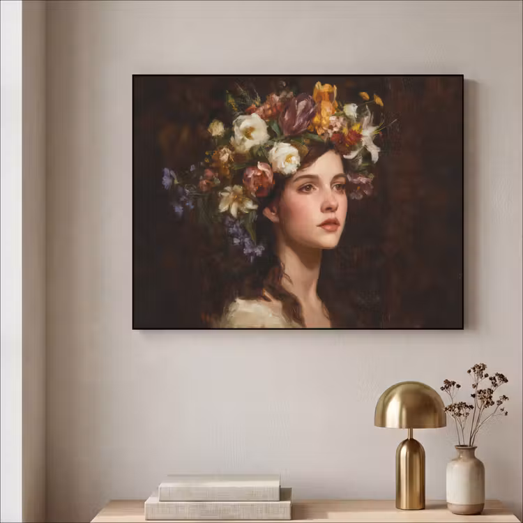 Portret - Vrouw - Bloemen Textielframe zwart klein -sfeer2