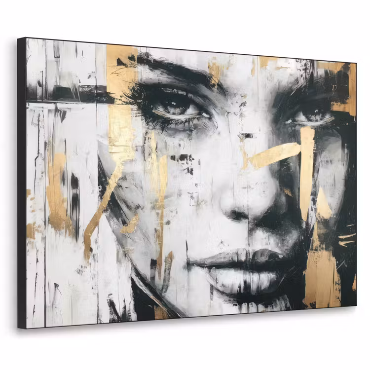 Portret - Vrouw - Penseelstreken - Goud Textielframe zwart klein -3d