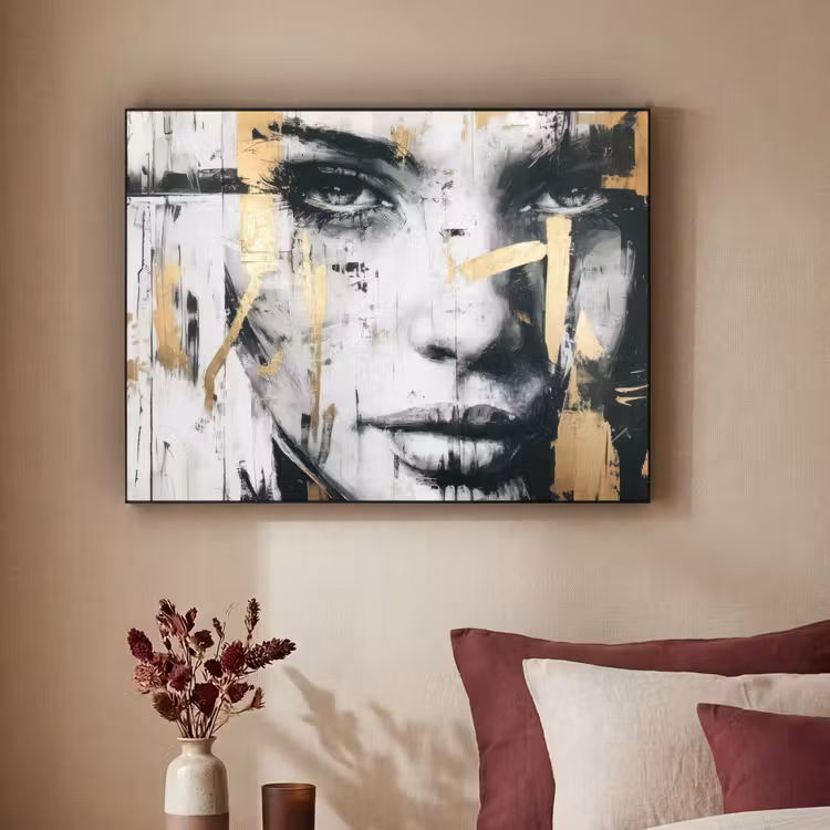 Portret - Vrouw - Penseelstreken - Goud Textielframe - compleet frame klein -sfeer1