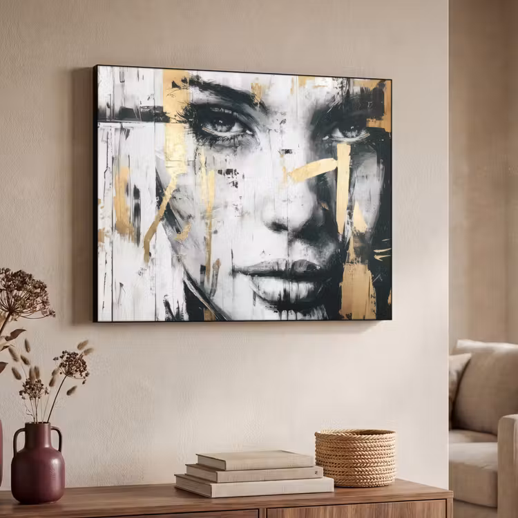 Portret - Vrouw - Penseelstreken - Goud Textielframe - compleet frame klein -sfeer3