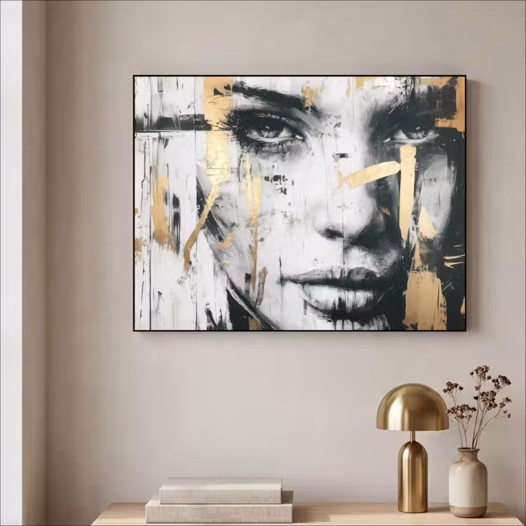 Portret - Vrouw - Penseelstreken - Goud Textielframe zwart klein -sfeer2
