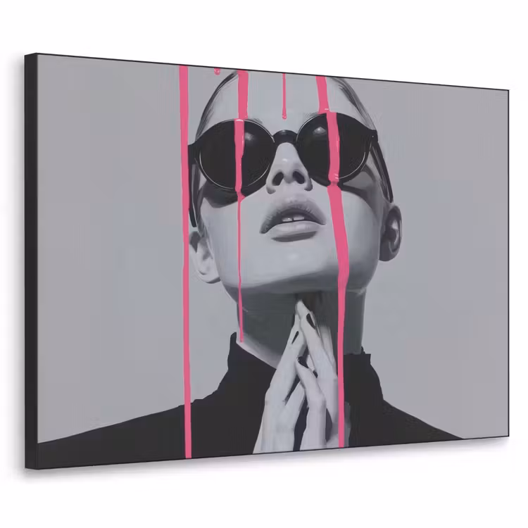 Portret - Vrouw - Zonnebril - Verfdruppels Textielframe zwart klein -3d